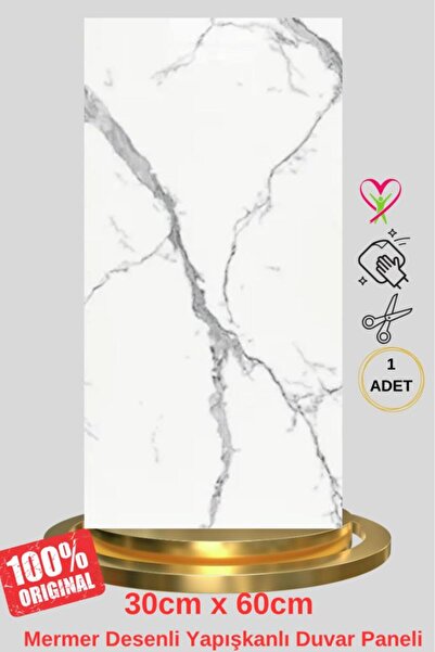 Renkli Duvarlar TX-008 Shiny 30x60cm Mermer Desenli Yapışkanlı Seramik Desen Banyo WC Kaplama Duvar Paneli Kağıdı