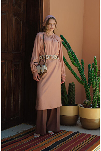 Fatma Atasoy Büzgülü Bağlamalı Maksi Soft Pembe Tunik
