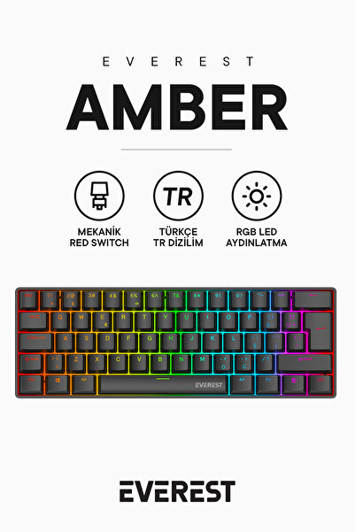 Everest Amber Type-C Bağlantılı RGB Ledli Mekanik Gaming Oyuncu Klavye Q Red Switch