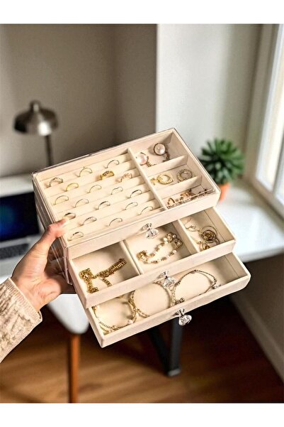 Bayev Перлена кутия за бижута с 3 чекмеджета, разделена на отделения, прозрачна, за съхранение на пръстени и колиета, елегантна