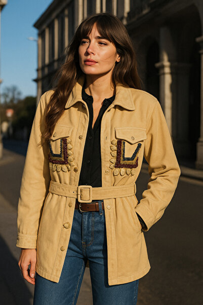 GZ Design Cep Üstü Boncuk Işlemeli Püskül Detaylı Krem Jean Ceket