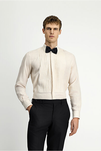 Kiğılı Uzun Kol Klasik Piliseli Keten Gömlek