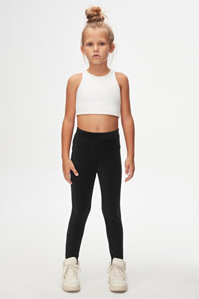 LOVETTI Siyah Kız Çocuk Fitilli Kadife Sahte 4 Cep Tayt