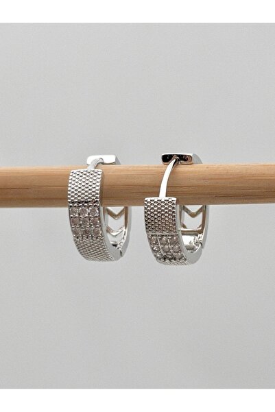 Siya Silver Zircon Stone Patterned Steel Hoop Earrings