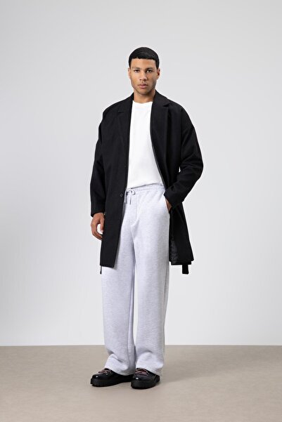 Vamos Kemerli Oversize Kaşe Kaban Siyah