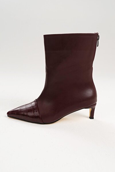 Mio Gusto Burgundy Color Croco Detailed Women's Thin Heeled Boots