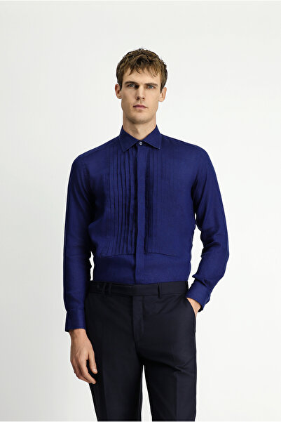 Kiğılı Uzun Kol Klasik Piliseli Keten Gömlek