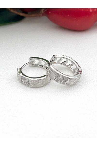 Siya Silver Zircon Stone Patterned Steel Hoop Earrings