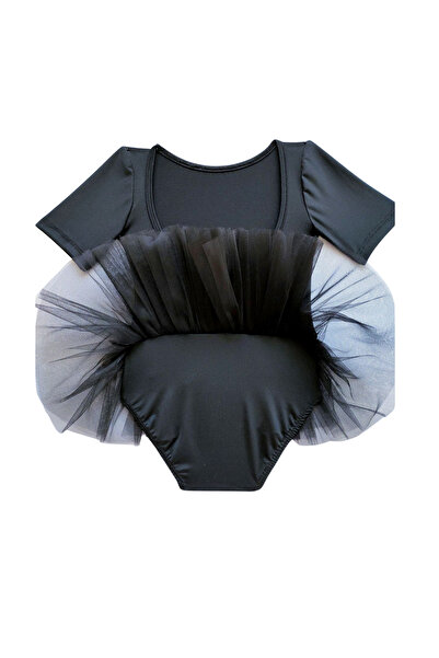 LULLY KİDS Kız Çocuk Siyah Kısa Kol Tütü Etekli Bale ve Cimnastik Mayosu