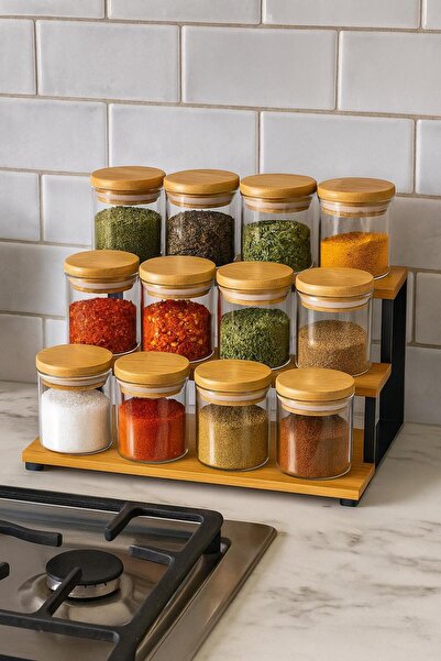 Noah Exclusive 300 Cc Borosilicate 12-Piece Set with Stand-Bamboo Lid Lux Spice Jar Set-Borosilicate Glass-Storeage Container