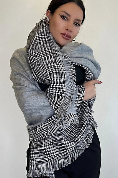 asalya Çift taraflı ekose desenli kalın kışlık yün omuz ŞAL atkı