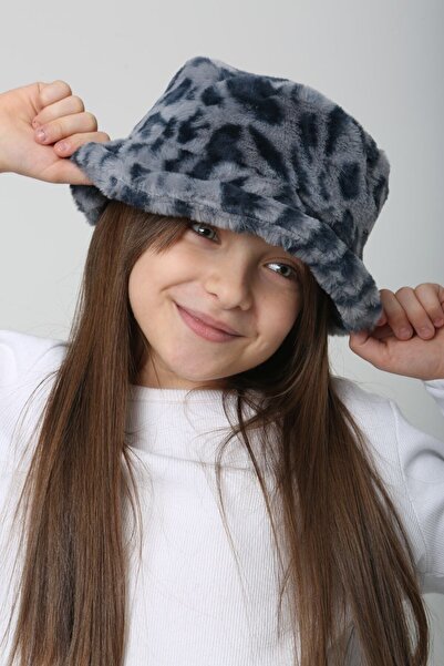 MARBERRY Дитяча шапка-відро з м'яким плюшем та синім леопардовим візерунком