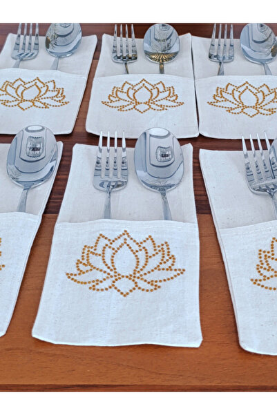 Menar Tasarım عرض خاص: طقم 6 قطع من أغطية أدوات المائدة بتصميم زهرة اللوتس المطرزة بالذهب