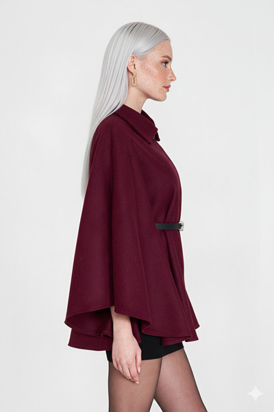 Shiron Sportswear&Company Women's Belted Burgundy Cashmere Poncho - Hijab Tunic