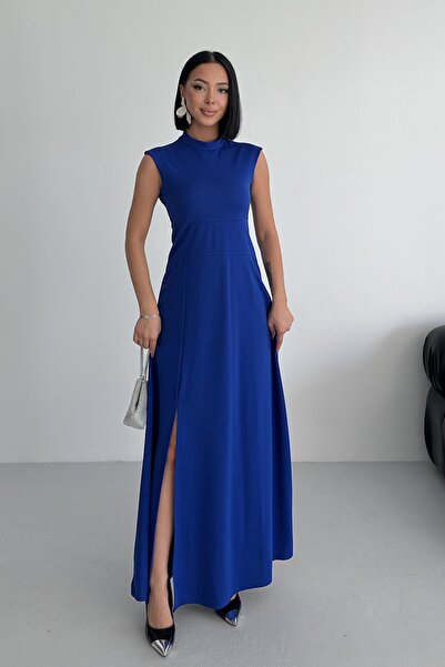 ALFUDO Moda Collection فستان ماكسي أزرق اللون بفتحة رقبة دائرية وفتحة عند الخصر