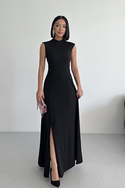 ALFUDO Moda Collection Rochie maxi neagră cu decolteu și fante