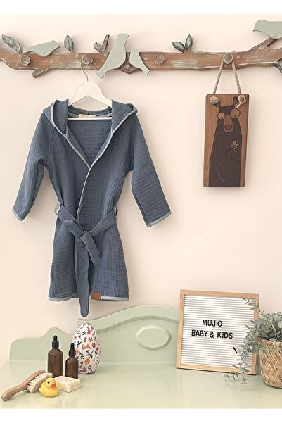 Mujo Baby&Kids 4 Katlı Müslin Bornoz – %100 Organik Pamuk - Indigo