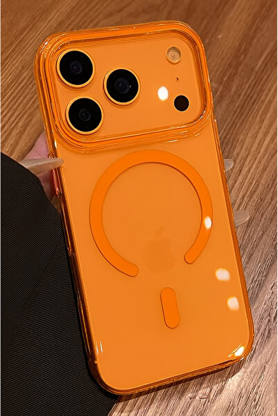 Fibaks iPhone 17 Pro Max Berrak Turuncu Transparan İnce Saydam Sert Darbe Korumalı Magsafe Kılıf