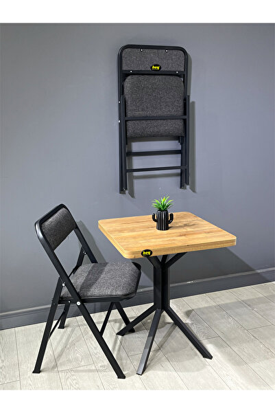 hey modüler mobilya Zeren Kare Ceviz Mutfak Yemek Masası Balkon Masası Siyah Ayak 60 cm