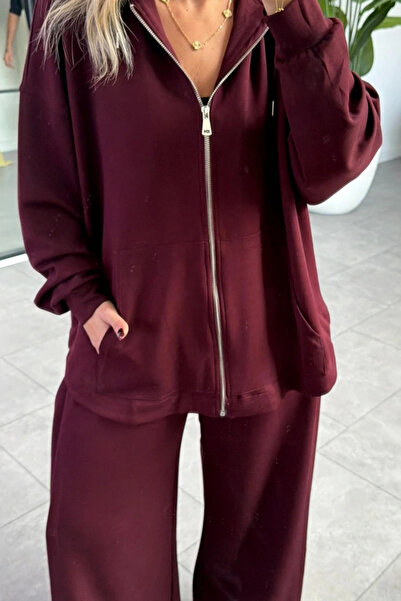 Le Savu Shilsee Women's Modal Fabric Hooded Zippered Cardigan-Tracksuit Set Burgundy