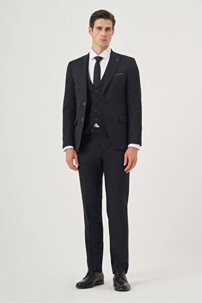 Morven Lacivert Yelekli Jakarlı Slim Fit Dar Kesim 6 Drop Erkek Takım Elbise