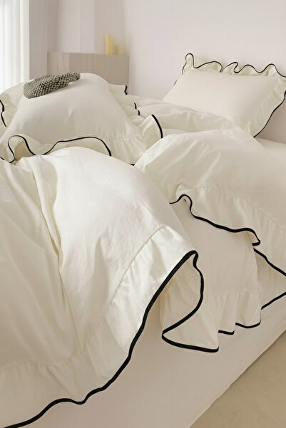 GÖRMEZ TEKSTİL Double Size 100% Cotton Ruffled Duvet Cover Set – Black Trim Stitching
