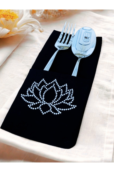 Menar Tasarım عرض خاص: طقم 6 قطع من أغطية أدوات المائدة بتصميم زهرة اللوتس المطرزة باللون الأسود