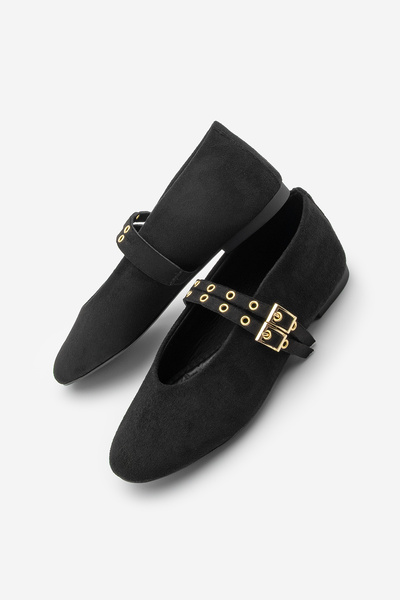 Marjin Kadın Çift Bantlı Zımbalı Günlük Babet Bekosa Siyah Süet