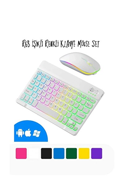 EHZ TEKNOLOJİ IPad Xiaomi Samsung Huawei Tablet Laptop Uyumlu Renkli Bluetooth Bağlantılı Klavye+Mouse Set