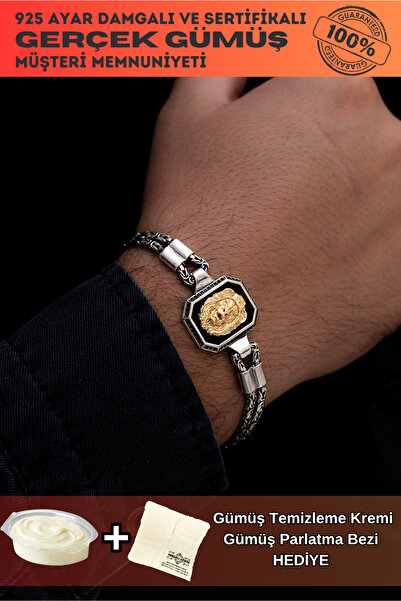 OSMANLI GÜMÜŞ Erkek Gümüş Bileklik - Çift Kral Model Aslan Motifli Gümüş Bile...