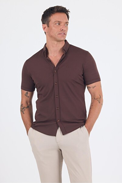 İmza Dark Brown Italian Button Collar Short Sleeve Pocketless Slim Fit Shirt 1004250255