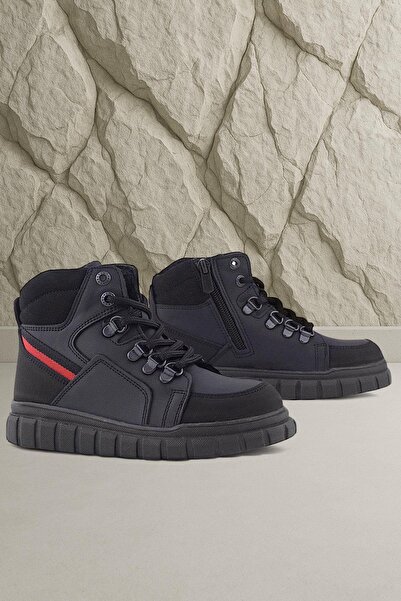 Rakerplus Genuine Leather Black Red Zippered Boys' Boots