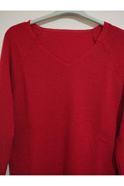 anne moda ankara Triko Işıltılı V Yaka Yanları Yırtmaçlı Kazak