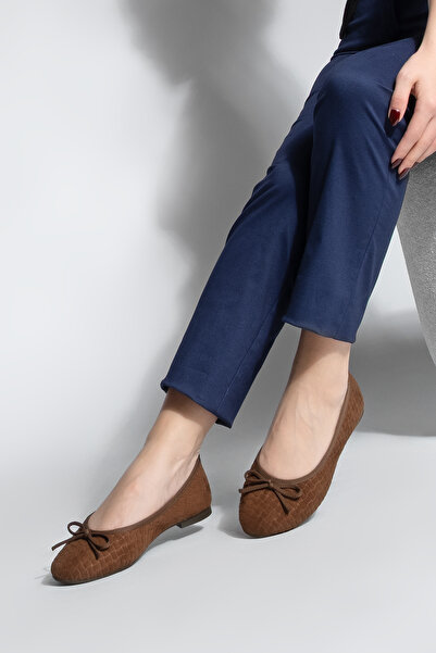 Marjin Women's Bow Detailed Casual Ballet Flats Monit Brown Suede