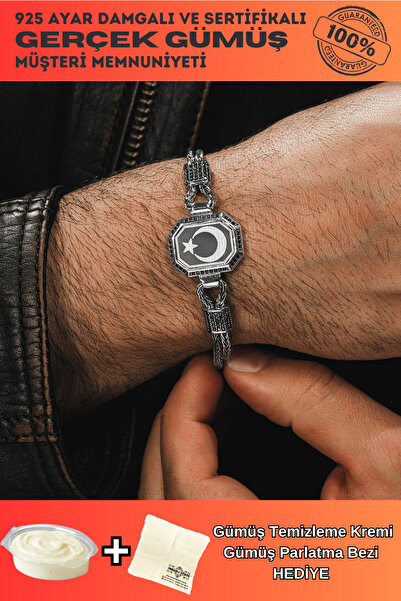 OSMANLI GÜMÜŞ Erkek Gümüş Bileklik - Ay Yıldız Işlemeli Tilkikuyruğu Zincirli...