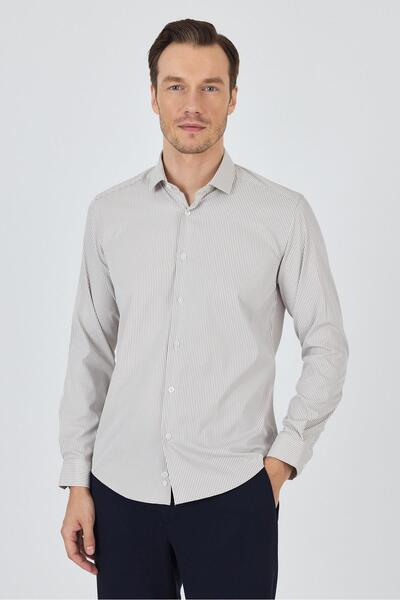 İmza Бяло-синя риза с дълъг ръкав, райета, обикновена италианска яка, без джо...