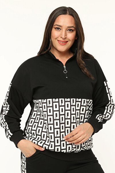 Ebsumu Дамски спортен екип с геометричен принт, полудълъг, с цип, в черно, за по-пълни дами