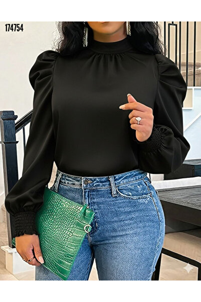 moda wanilia Γυναικεία μπλούζα με μακρυμάνικο μπαλόνι με λαιμόκοψη και κρεπ μ...