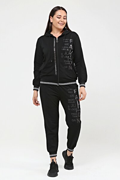 Ebsumu Дамски черен спортен екип в големи размери с каменна бродерия