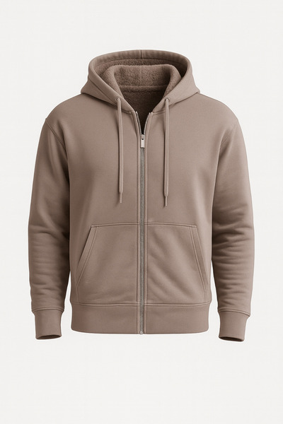 Valiberta İçi Peluş Üç İplik Kumaş Oversize Fermuarlı Kapüşonlu Sweatshirt- Bej