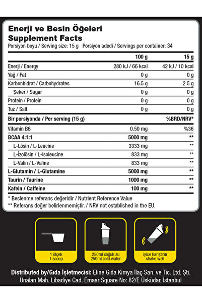 Dynamic Nutrition Yeşil Elma Aromalı Bcaa Glutamine 510 G - Taurin Ve Kafein Ilaveli - 34 Servis