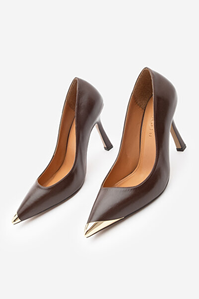 Marjin Women's Stiletto Pointed Toe Gold Detailed Heeled Shoes Ginez Brown