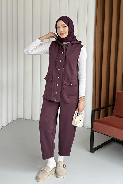 Modaensarbutik Yeleği Çıt Çıt Düğmeli Scuba Kumaş İkili Tesettür Takım-BORDO