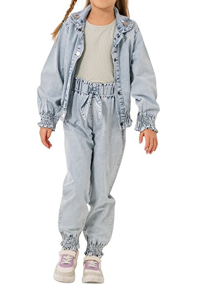 Celira Set pentru fetiță cu pantaloni din denim kaki și jachetă 6-9 ani