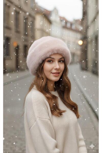 mlio Pembe tüylü peluş kalpak şapka