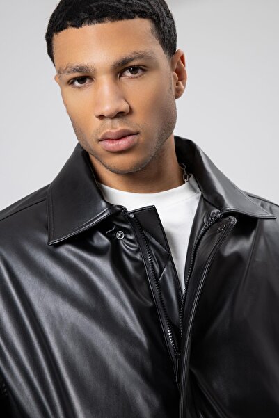 VAMOSCLO Μπουφάν Basic Faux Leather oversized Μαύρο