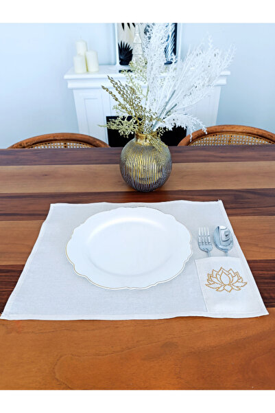 Menar Tasarım American Tablecloth 6 Pieces Lotus Flower Embroidered Cloth Ame...