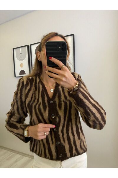 TB Butik Μοντέλο μάρκας Καφέ Λεοπάρ μοτίβο Πλεκτό με κουμπιά Ζακέτα με υφή βουρτσισμένη