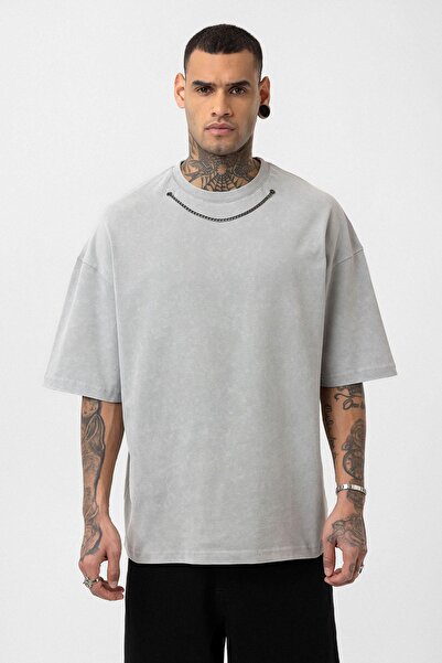 VAMOSCLO Μπλουζάκι oversized με λεπτομέρεια από αλυσίδα που πλένεται, γκρι