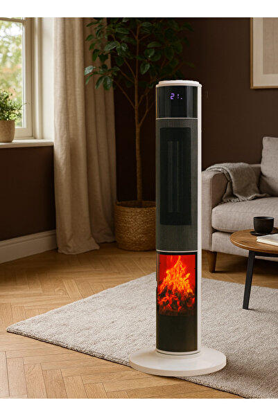 Hoogar German 2071 L White Oval Seri OLED Şömineli Ekran Dijital Kule Tipi Seramik Fanlı Isıtıcı 80 CM
